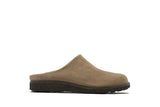 A single taupe-brown suede clog shoe with a dark brown textured sole, shown in a side profile on a solid white background.