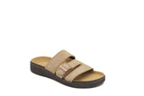 Tan sandal with a buckle on a white background
