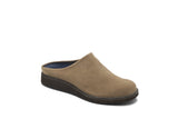 A single taupe-brown suede clog shoe with a dark brown sole, shown from a three-quarters angle on a white background.