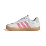 White sneaker with pink stripes on a white background