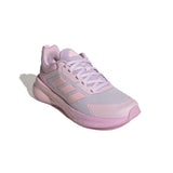 A single Adidas running shoe in pastel pink and light lavender-gray, shown from a three-quarters angle on a white background with a soft shadow.
