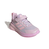 A toddler's Adidas running shoe in light lavender and pink, featuring a hook-and-loop strap, mesh upper, and thick cushioned sole, shown on a white background with a soft shadow.