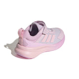 A toddler's Adidas running shoe in light lavender and pink, featuring a hook-and-loop strap, mesh upper, and thick cushioned sole, shown on a white background with a soft shadow.