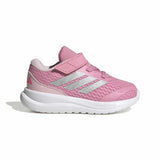 A pink toddler's Adidas cloudfoam running shoe with a hook-and-loop strap, metallic silver stripes, and a white sole, shown against a plain white background.