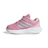Pink Adidas children's shoe with white sole on a white background