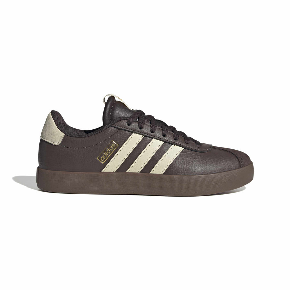 Brown Adidas sneaker with three white stripes on a white background