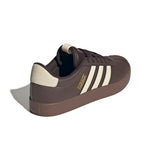 Black and blue running shoe with three white stripes on a light gray background