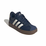 A navy blue Adidas casual sneaker with three white stripes, a dark brown sole, and a white Adidas logo on the tongue, shown on a white background with a soft shadow.