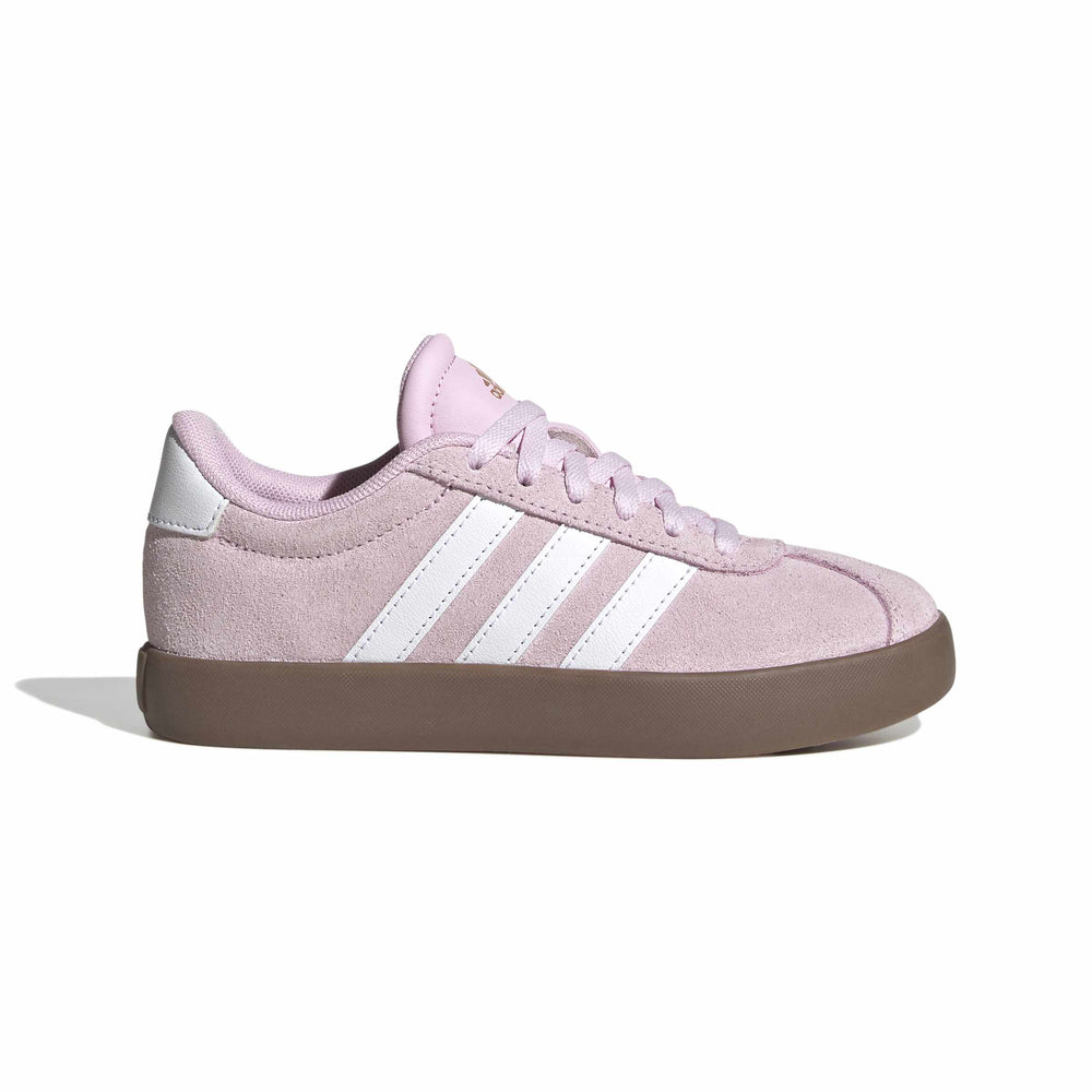 Pink Adidas sneaker with white stripes on a white background