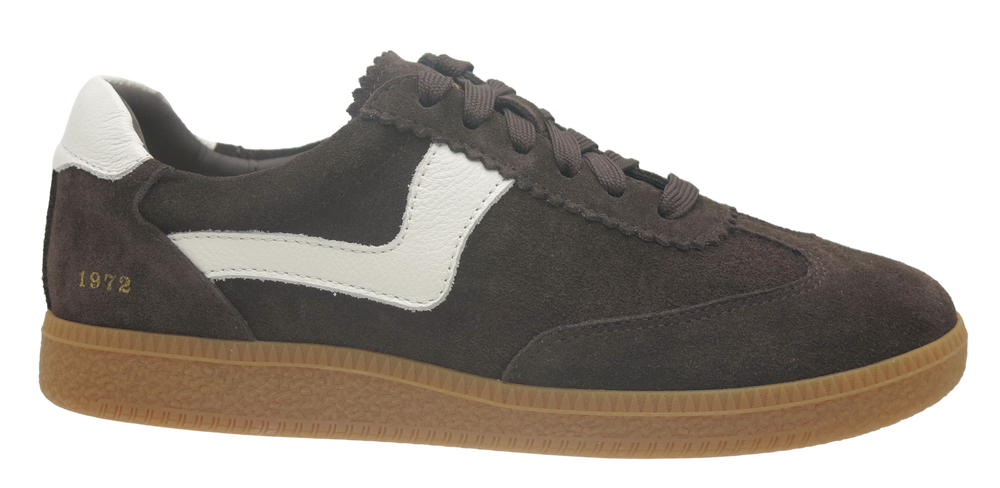 A dark brown suede sneaker with a white side stripe, brown laces, and a gum sole, shown from a side profile view on a white background.